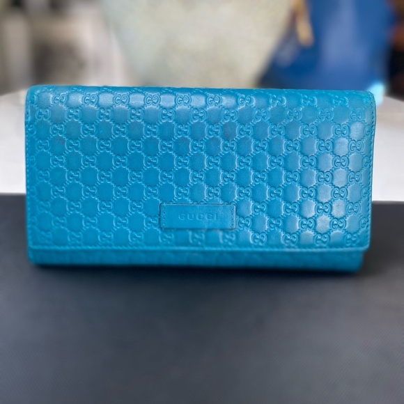 Gucci Blue Monogram Micro-Guccissima Leather Wallet - Picture 1 of 8